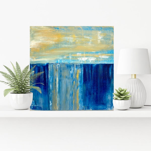 ORIGINAL Abstract Acrylic Painting 14x14 Stretched Canvas, Modern Contemporary Landscape, Art Gift for Home, Handmade Artisan Waterfall