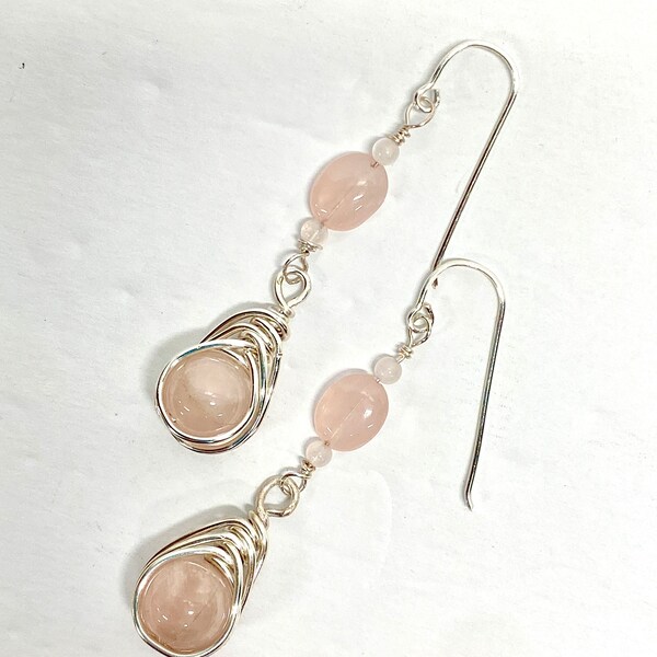 HANDMADE Genuine Rose Quartz Wire Wrapped Dangle Earrings, Artisan Handcrafted Jewelry, Gift Her Women Girl, Stone of Unconditional Love