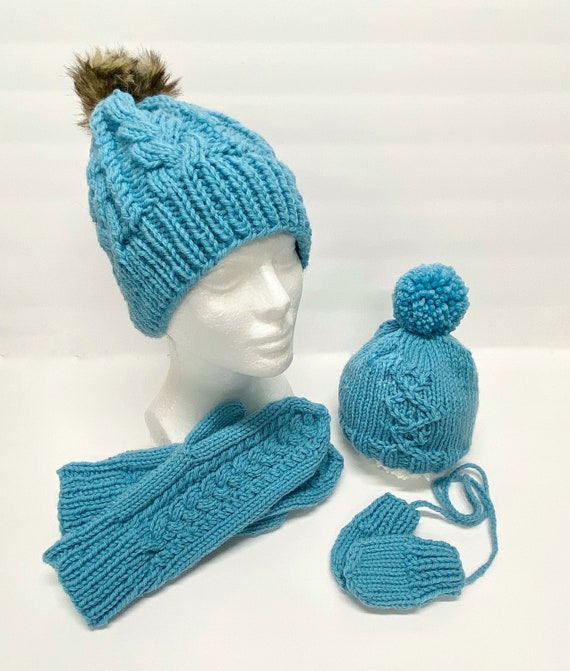 HAND Knit Mommy and Me Matching Cold Weather Hat Mittens Set  display picture 2