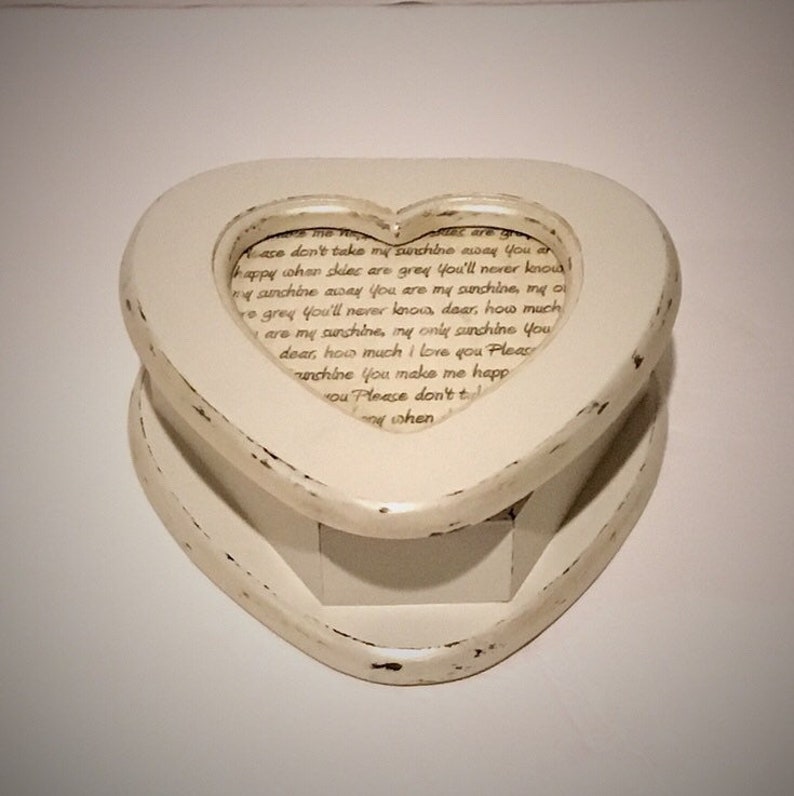 Antique White Shimmer Wood Heart Shape Jewelry Box with the lyrics You Are My Sunshine