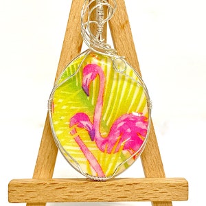 HANDMADE Decoupage Resin Art Flamingo Hand Wrapped Oversize Statement Pendant, Artisan Handcrafted Necklace Jewelry, Gift Women Girl Her