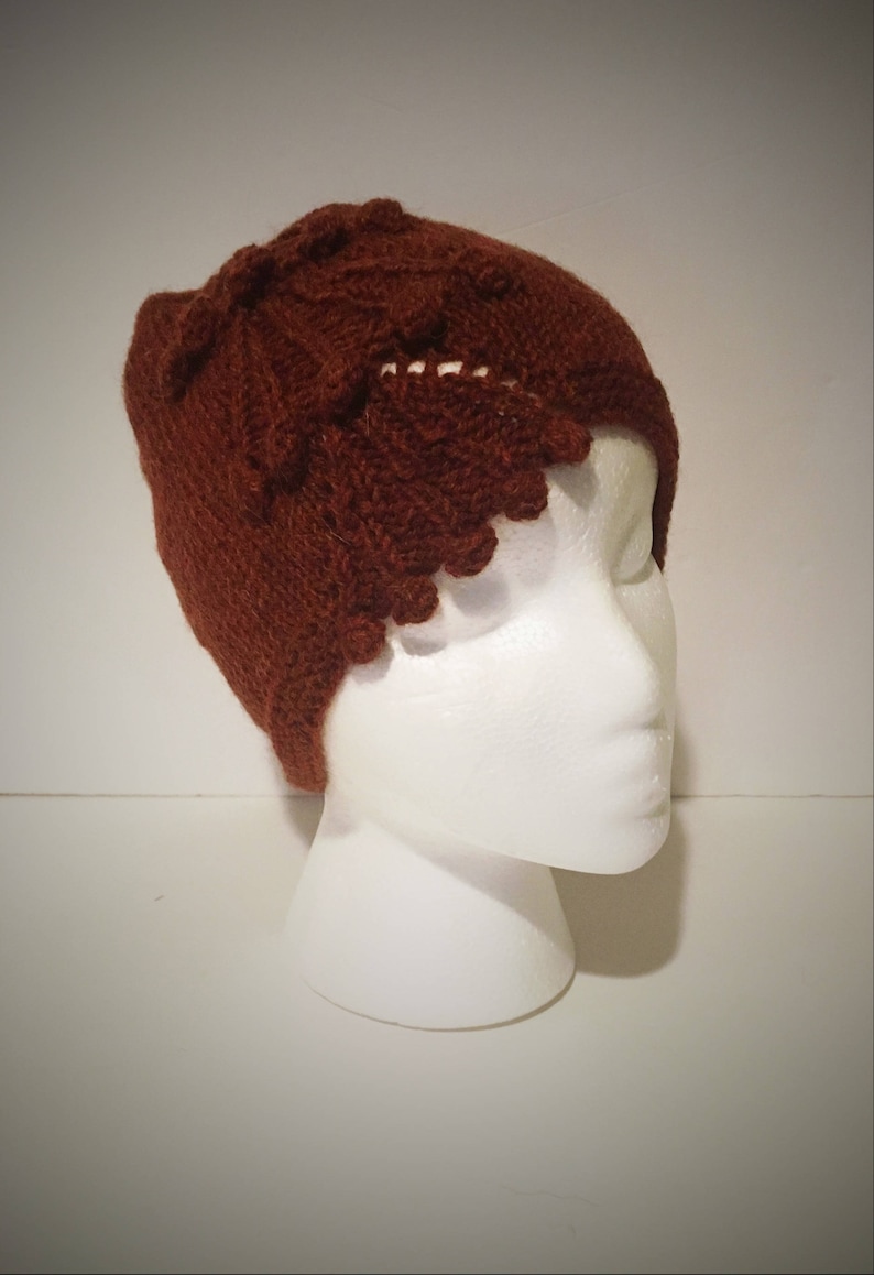 Hand Knit Ladies Mahogany Deep Red Decorated Cloche Beanie Hat knit with a Wool /& Alpaca natural fiber blend with free domestic shipping