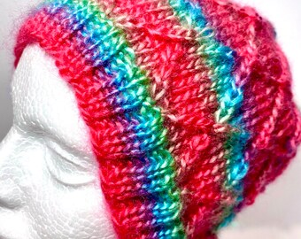 HANDMADE Hand Knit Bright Color Stripe Bonnet Beanie Hat  display picture 1