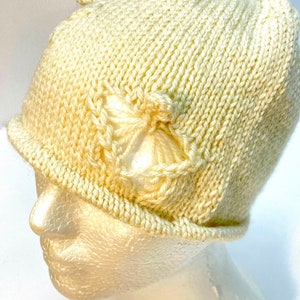 HAND Knit Cashmere/Wool Fiber Blend Ladies Cream Butterfly Retro Style Beanie Hat One Size Fits Most, Dressy Cloche Tam, Gift Woman Girl