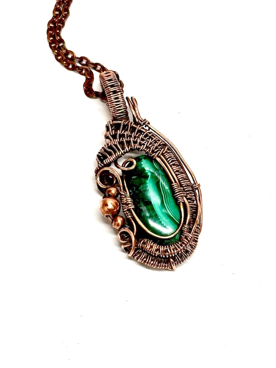 HAND CRAFTED Malachite Wire Wrapped Copper Elegant Pendant