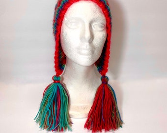 HANDMADE Hand Knit Bright Color Stripe Bonnet Beanie Hat  display picture 3