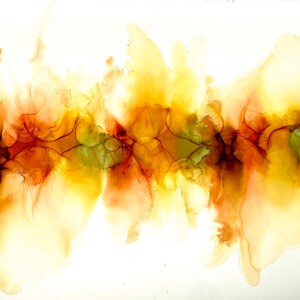 May include: Abstract painting with flowing lines and shapes in shades of brown, yellow, and green. The colors blend together to create a sense of movement and energy.