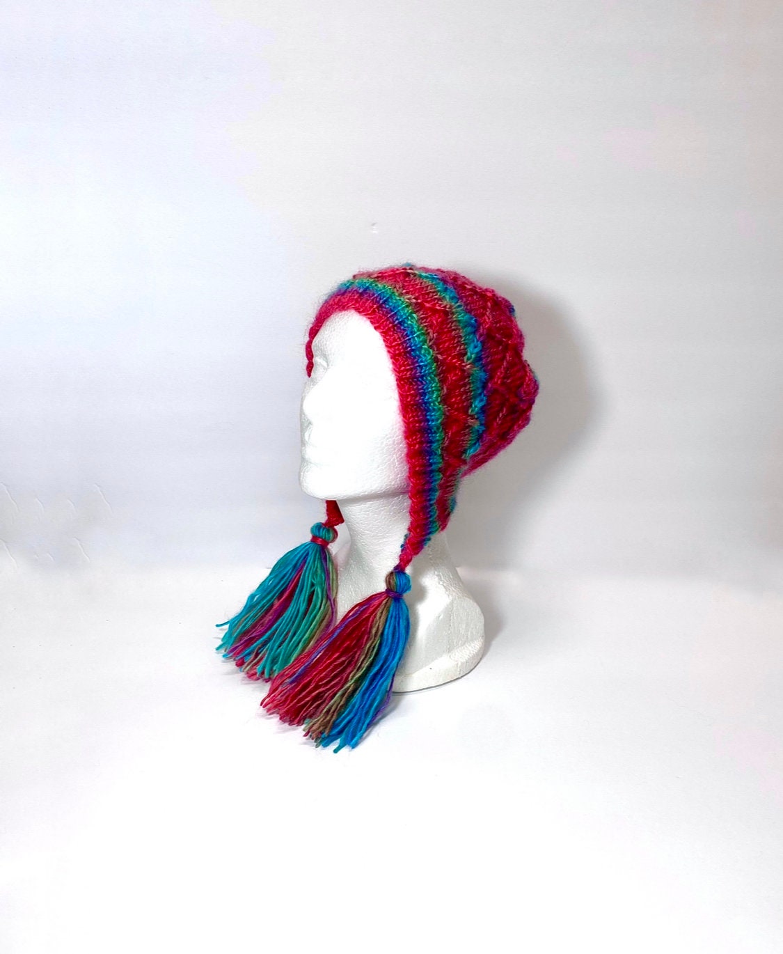 HANDMADE Hand Knit Bright Color Stripe Bonnet Beanie Hat  display picture 2