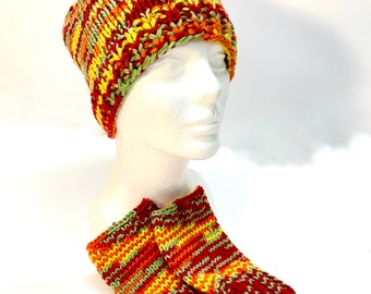 May include: A red, yellow, and green striped knit hat and matching fingerless gloves.
