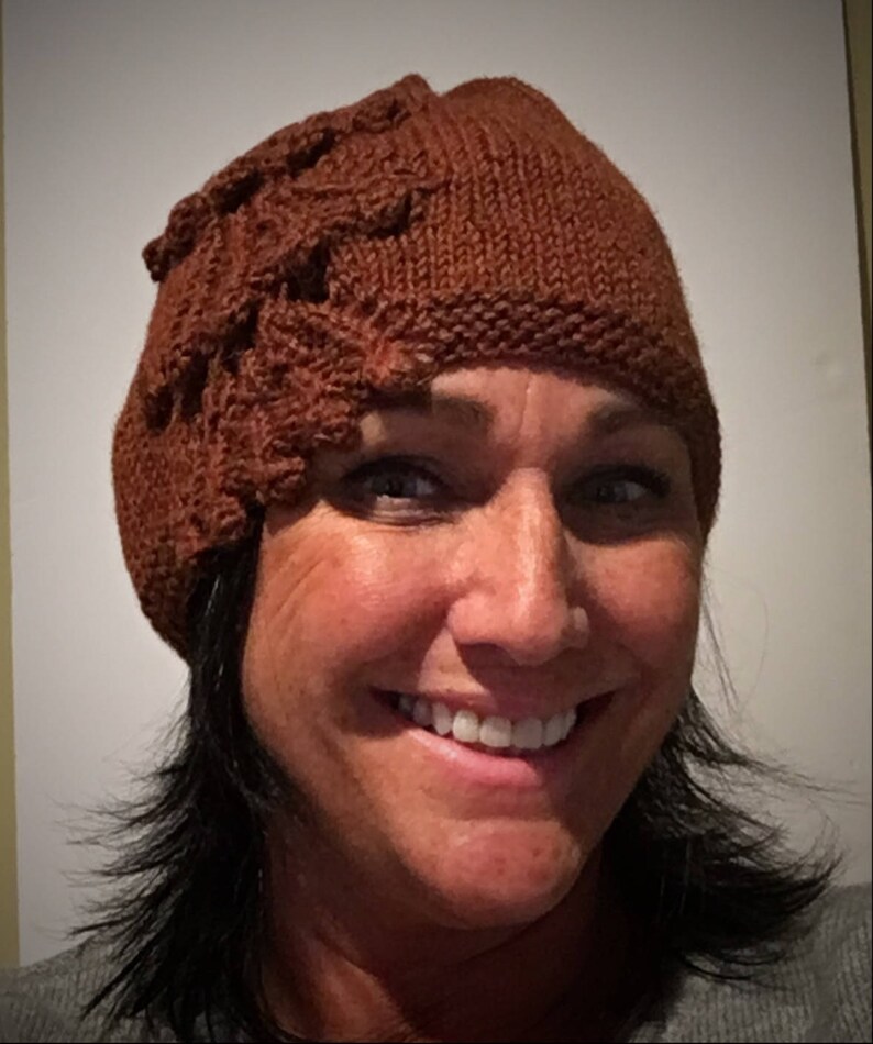 Hand Knit Ladies Mahogany Deep Red Decorated Cloche Beanie Hat knit with a Wool /& Alpaca natural fiber blend with free domestic shipping