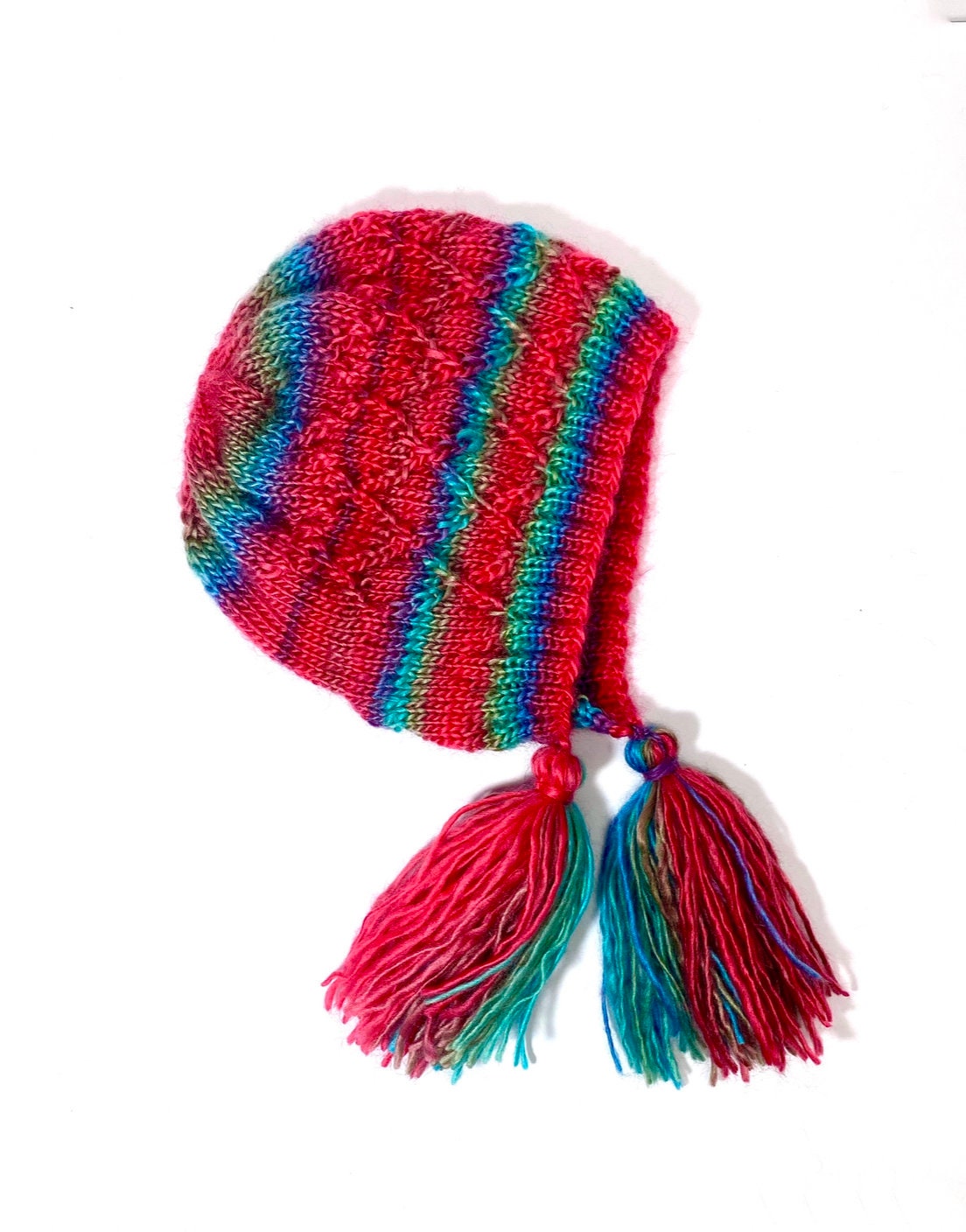 HAND KNIT Brightly Color Stripe Fun Bonnet Beanie with Tassels, Fun Cabled Hat Multicolor  main image 3