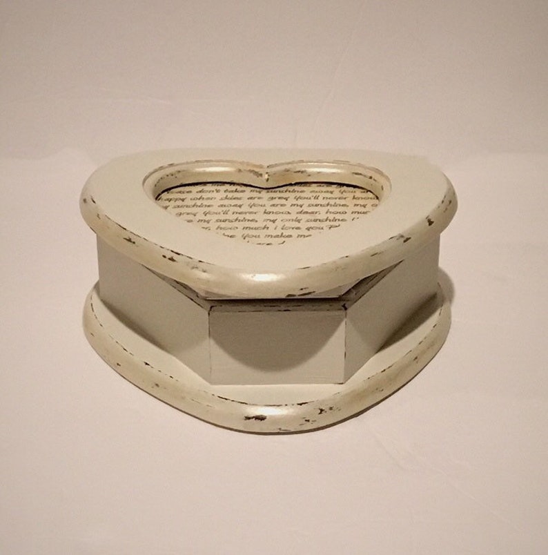 Antique White Shimmer Wood Heart Shape Jewelry Box with the lyrics You Are My Sunshine