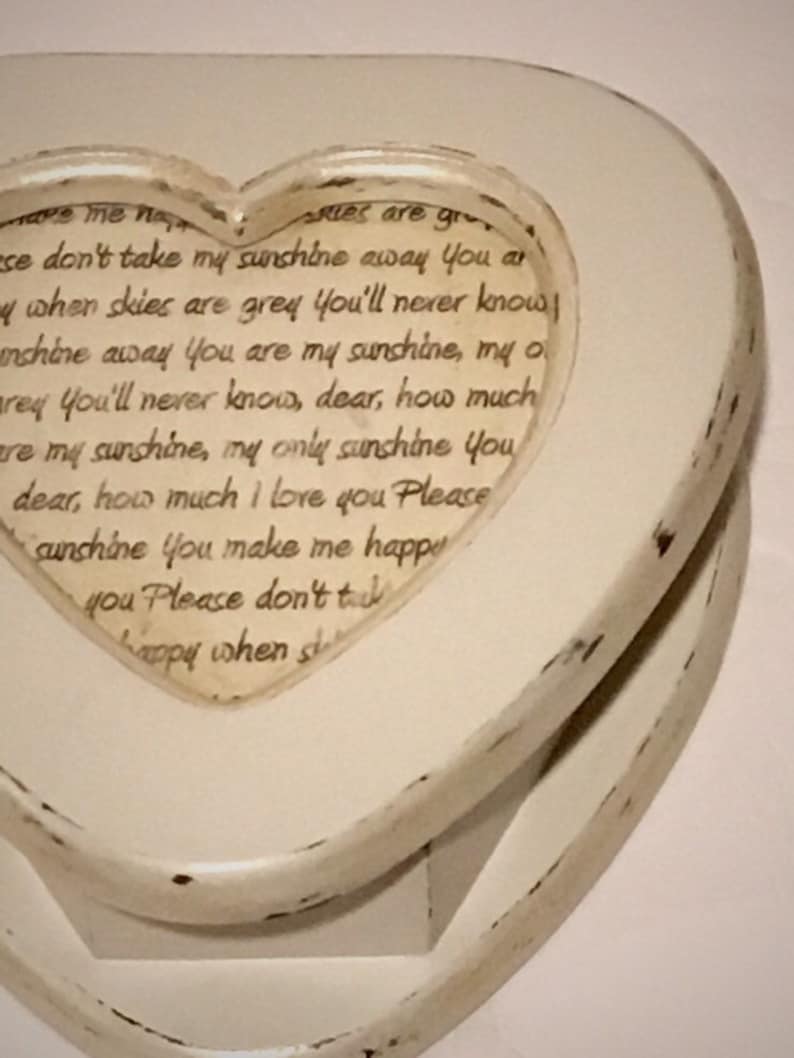 Antique White Shimmer Wood Heart Shape Jewelry Box with the lyrics You Are My Sunshine