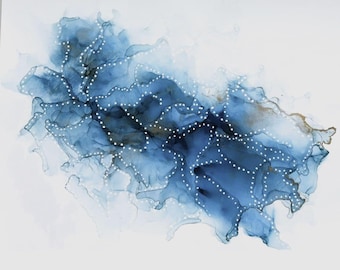 May include: Abstract painting with blue and white ink, featuring a swirling, cloud-like design. The white ink is dotted, creating a textured effect.