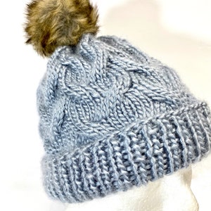 HANDMADE Classy Hand Knit Cabled Beanie Hat Faux Pom Pom, Warm Winter Fashion, Ski Snow Cold Weather Tam, Gift Women Girl, Fashion Accessory