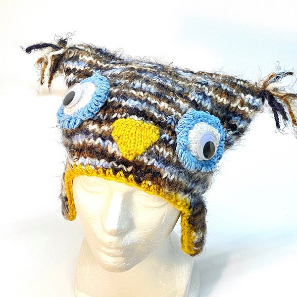 HAND KNIT Hoot Owl Hat for Child, Fit Ages 5-10 Years, Handmade Beanie, Birthday Christmas Gift Girl Boy Kid Owlet, Warm Winter Fashion Cap