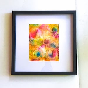 ORIGINAL Hand Painted Alcohol Ink Fluid Art &quot;Brillant Bubbles&quot; FRAMED, Bright Colored Abstract Fluid Whimsical Art, Modern Contemporary Gift
