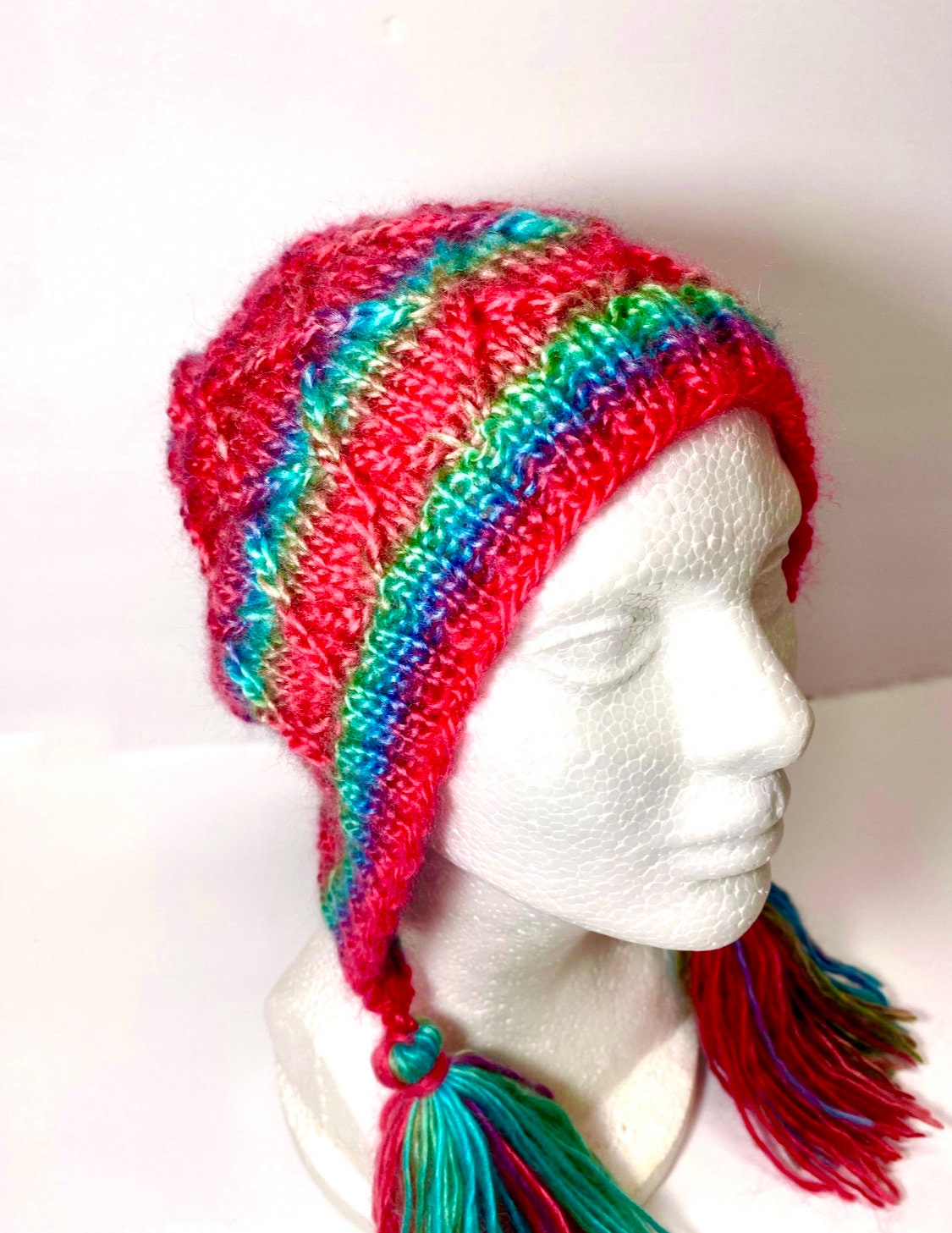 HAND KNIT Brightly Color Stripe Fun Bonnet Beanie with Tassels, Fun Cabled Hat Multicolor  main image 4