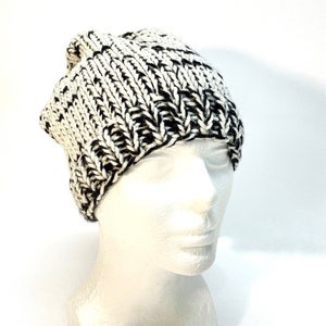 HAND Knit Ladies Ponytail Messy Bun Beanie Hat Black & White Tweed Mix, Outdoors Fashion Accessory, Gift Teacher Women Girl, Sports Warmer image 1