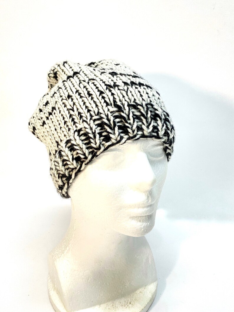 HAND Knit Ladies Ponytail Messy Bun Beanie Hat Black & White Tweed Mix, Outdoors Fashion Accessory, Gift Teacher Women Girl, Sports Warmer image 1