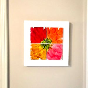 ORIGINAL Abstract Fluid Alcohol Ink Floral Mosaic Tile Art Wall Hanging, Botanical, Flowers, Contemporary Modern Painting, Unique Wall Art