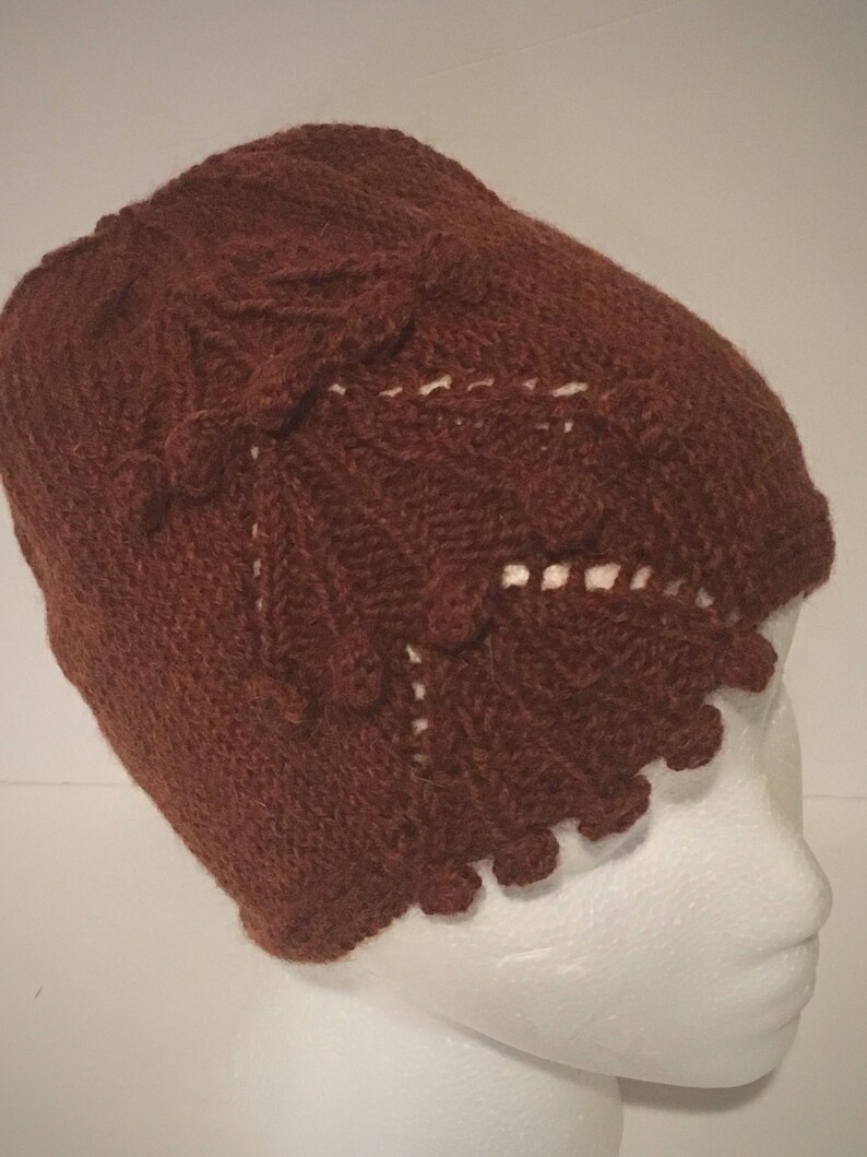 Hand Knit Ladies Mahogany Deep Red Decorated Cloche Beanie Hat knit with a Wool /& Alpaca natural fiber blend with free domestic shipping