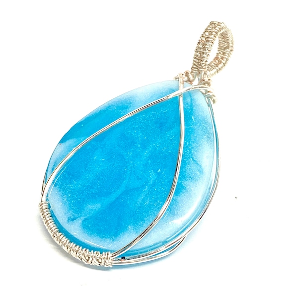 HANDMADE Mixed Media Statement Pendant Hand Wrapped “Larimar”, Artisan Faux Stone, Gift Her Women Girl, Oversize Bold Necklace Jewelry