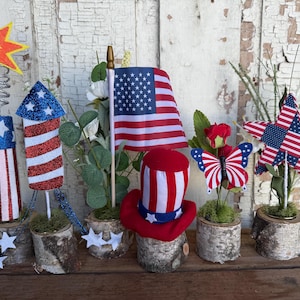 Könnte beinhalten: Eine Sammlung patriotischer Dekorationen in Rot, Weiß und Blau, darunter ein Stern, Miniaturfeuerwerk, eine amerikanische Flagge, ein Schmetterling und ein Hut. Die Artikel sind auf einer Holzoberfläche angeordnet.