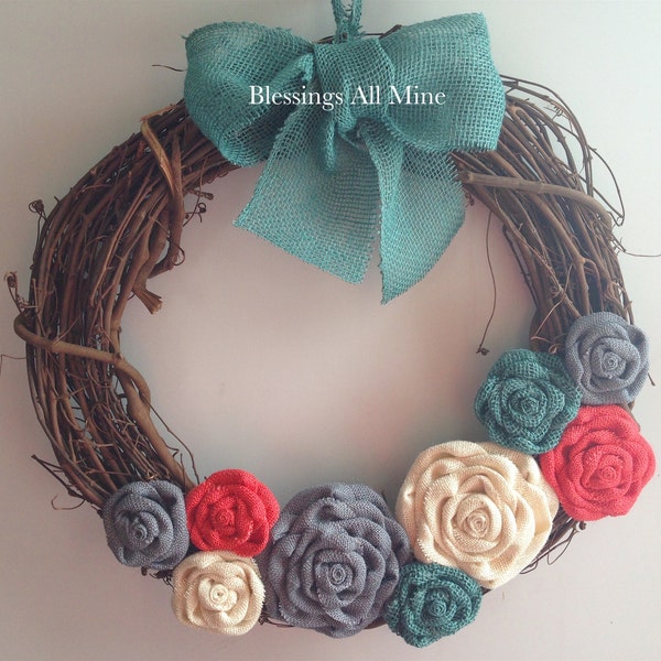 18 inch Grapevine Wreath, Burlap Coral, Medium Grey, White Cream, & Turquoise Teal Flowers, Teal Bow/Hanger, Summer Fall Autumn Winter