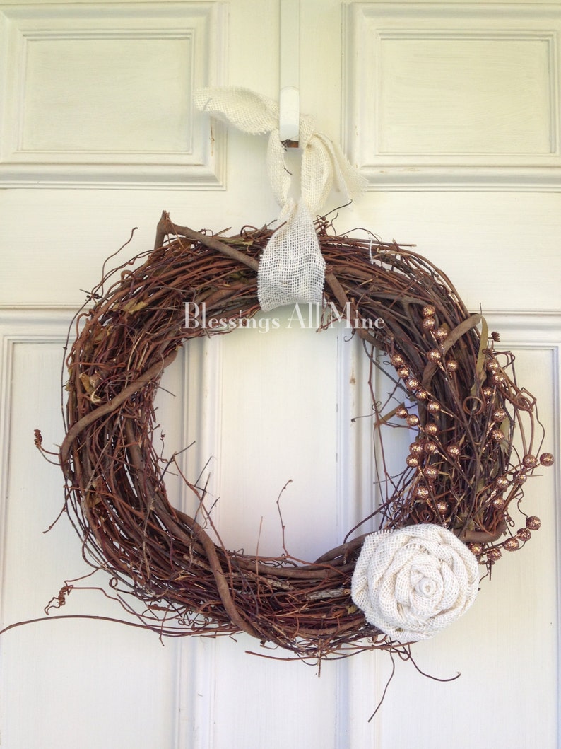 Winter Wreath with White Cream Hanger 14 inch Grapevine Wreath Fall Autumn White Cream Burlap Flower Sparkle Gold Brown Berries Decor