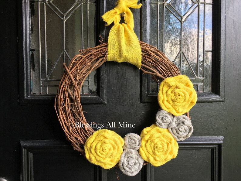 14 Inch Grapevine Wreath Burlap Yellow Gray Flowers Etsy