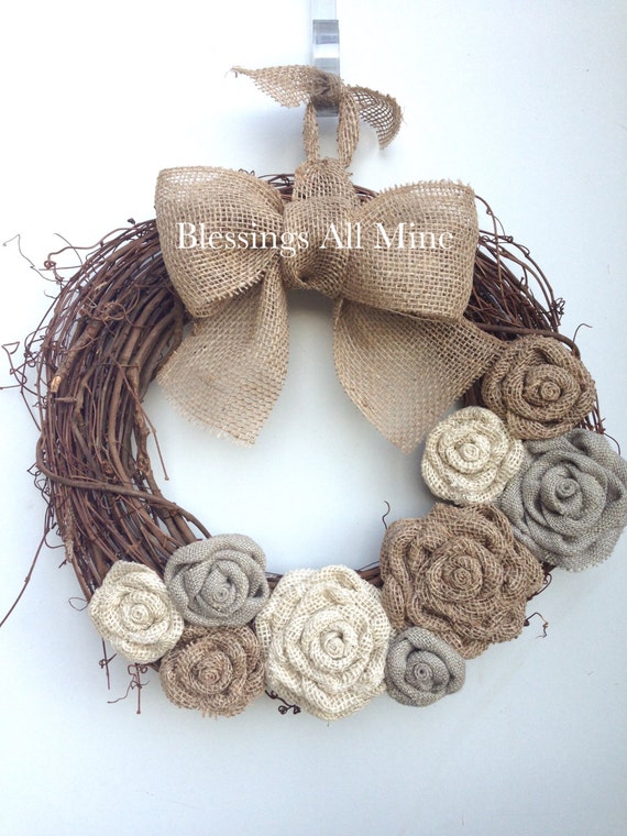 14 Inch Grapevine Wreath White Sand Grey Burlap Flowers Etsy