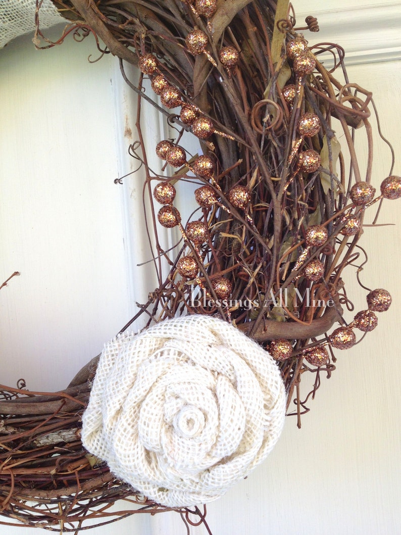 Winter Wreath with White Cream Hanger 14 inch Grapevine Wreath Fall Autumn White Cream Burlap Flower Sparkle Gold Brown Berries Decor