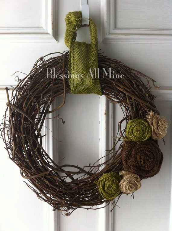 14 Inch Grapevine Wreath Burlap Neutral Green Brown Etsy