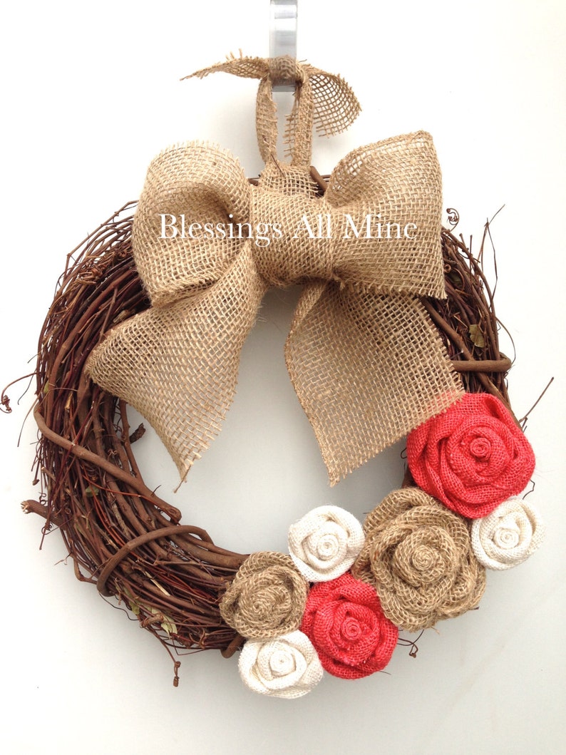 14 Inch Grapevine Wreath Burlap White Coral Sand Burlap Etsy