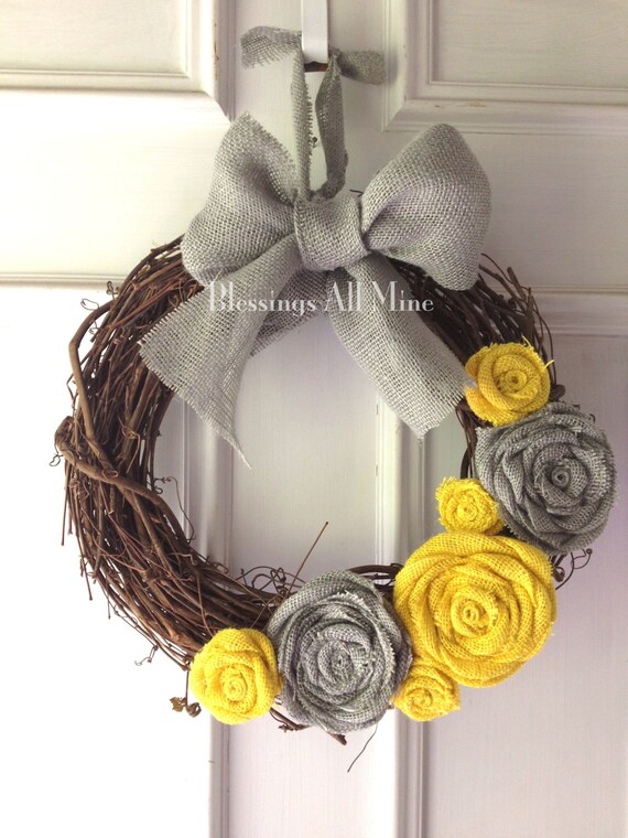 14 Inch Grapevine Wreath Burlap Yellow Gray Flowers Etsy