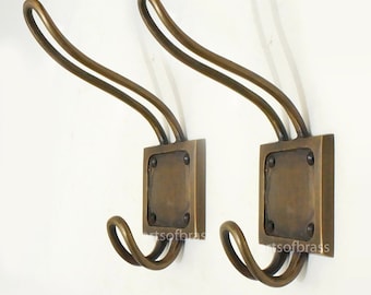 6.50" Lot of 2 pcs Vintage Solid Brass Double HOOK Hanger Wall Mount Strong Hook Antique Brass Wall Coat Hat Hooks