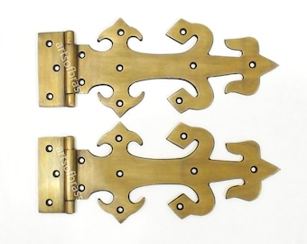 8.66" Pair Vintage Old Strap Escutcheon Solid Brass Hinges Door Hinge V043