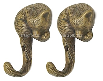 Lot of 2 pcs Vintage Sleeping Fox Forestry Solid Brass hook Antique Strong Wall Mount Coat Hat Hook U147