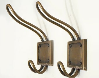 6.50&quot; Lot of 2 pcs Vintage Solid Brass Double HOOK Hanger Wall Mount Strong Hook Antique Brass Wall Coat Hat Hooks U026