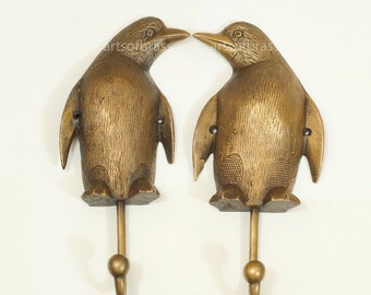 8.85" inches pair / 2 pcs Vintage Penguin strong Mount Hook Solid Brass Wall Coat Hat Hook U117