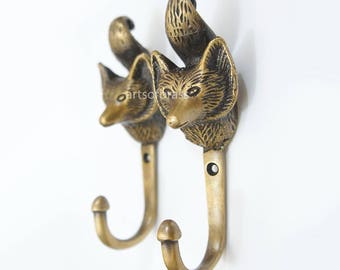 4.33" inches Lot of 2 pcs Vintage FOX Head Forestry Solid Brass hook Antique Strong Wall Mount Coat Hat Hook U114