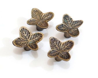 Kavel van 4 stuks vintage retro messing kleine bloem blad antieke dressoir knoppen ladeknop trekt handgrepen deurknop trekt