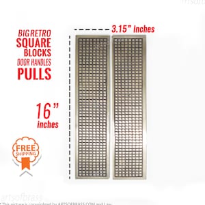 May include: Two silver metal door handles with a square grid pattern. Each handle is 3.15 inches wide and 16 inches long.