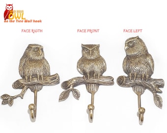 Vintage Solid Brass Owl on the branch Wall hook | with Face left ,Front and Face right Strong Owl Wall Mount Coat Hat Hooks Decor