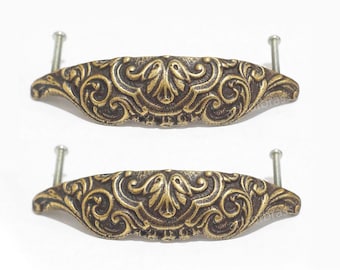 Lot of 2 4.72" in Vintage Brass Retro Ornate Shell Bin Pulls, Drawer handles, Kitchen knobs & Cup Pulls handles, Desk Drawer Pulls handle