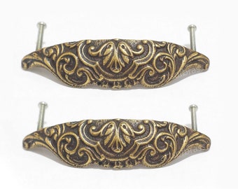 Lot of 2 4.72" in Vintage Brass Retro Ornate Shell Bin Pulls, Drawer handles, Kitchen knobs & Cup Pulls handles, Desk Drawer Pulls handle