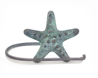 5.90" Vintage Solid Brass Starfish Beach Decor Toilet Paper Holder / Hand Towel / Antique Bathroom Accessories - Green Black Color