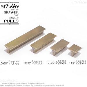 May include: Four different sizes of brass drawer pulls in antique gold finish. The pulls are 5.60 inches, 3.50 inches, 2.36 inches, and 1.18 inches long. Each pull is shown with the number of pieces included in the package.