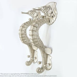 Könnte beinhalten: Zwei silberne Türgriffe in Form von Seepferdchen mit einem detaillierten Design. Die Griffe sind an einer Wand befestigt.